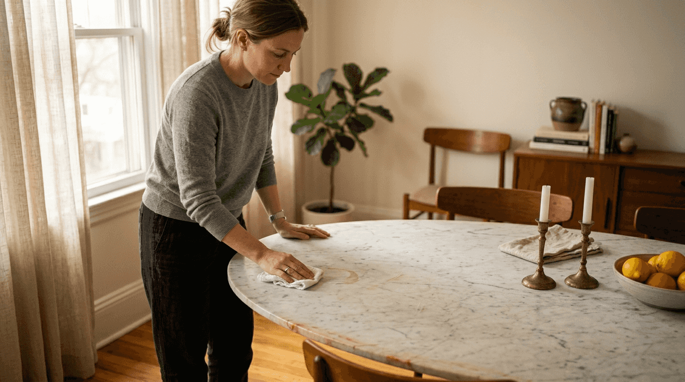 Marble dining table developing natural patina