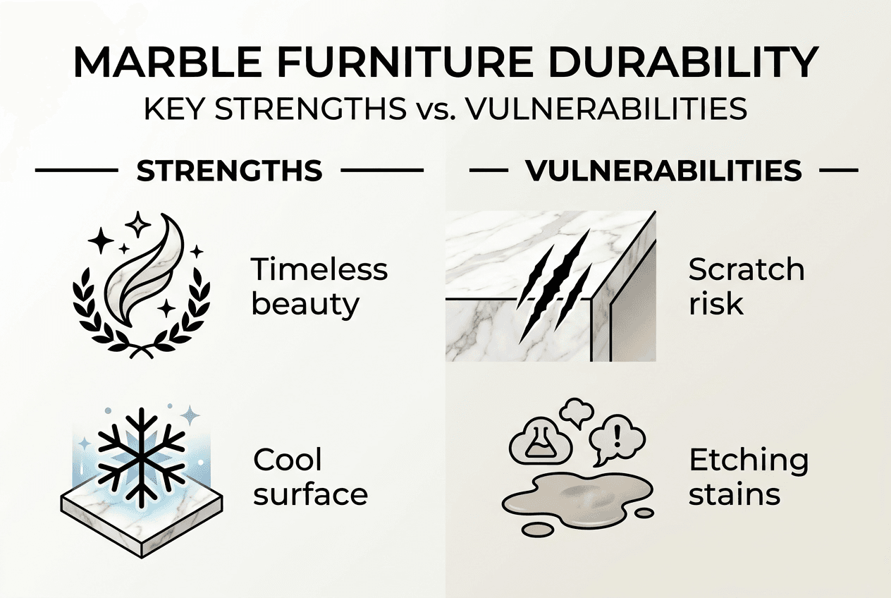 Infographic showing marble furniture strengths and weaknesses