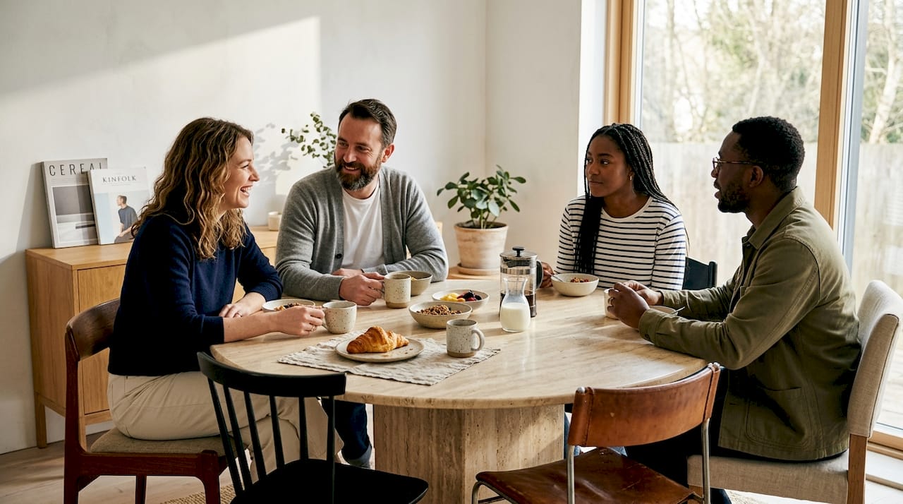 People dining at travertine table in modern home