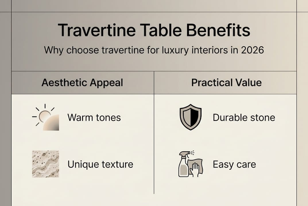 Infographic of travertine table aesthetic and practical benefits