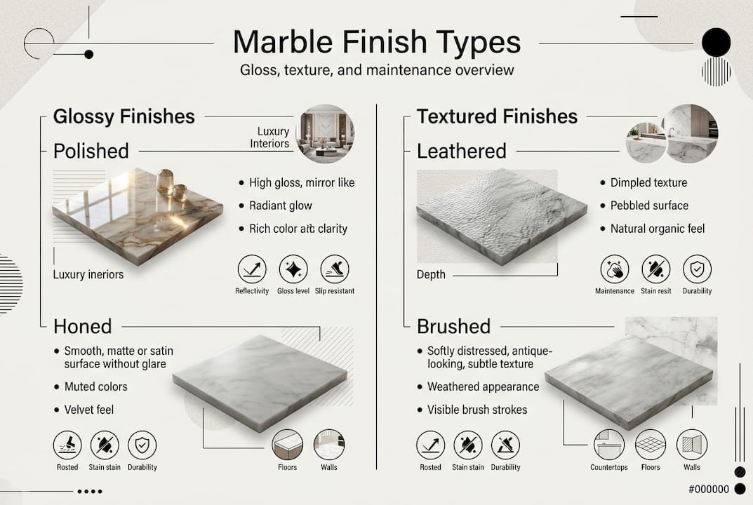 Infographic shows four marble finishes for interiors