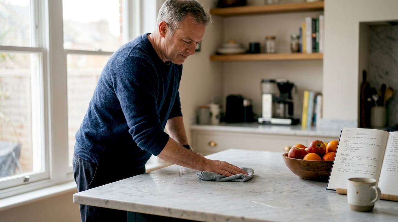 Man cleaning marble kitchen counter at home