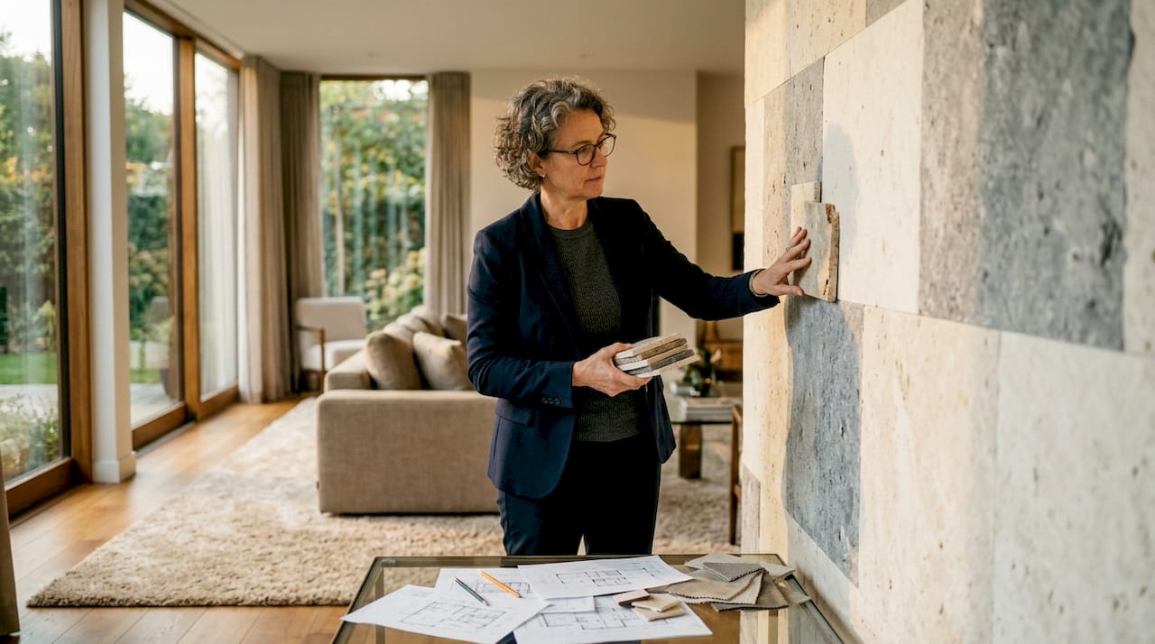 Designer vergleicht Travertin-Fliese im luxuriösen Wohnzimmer