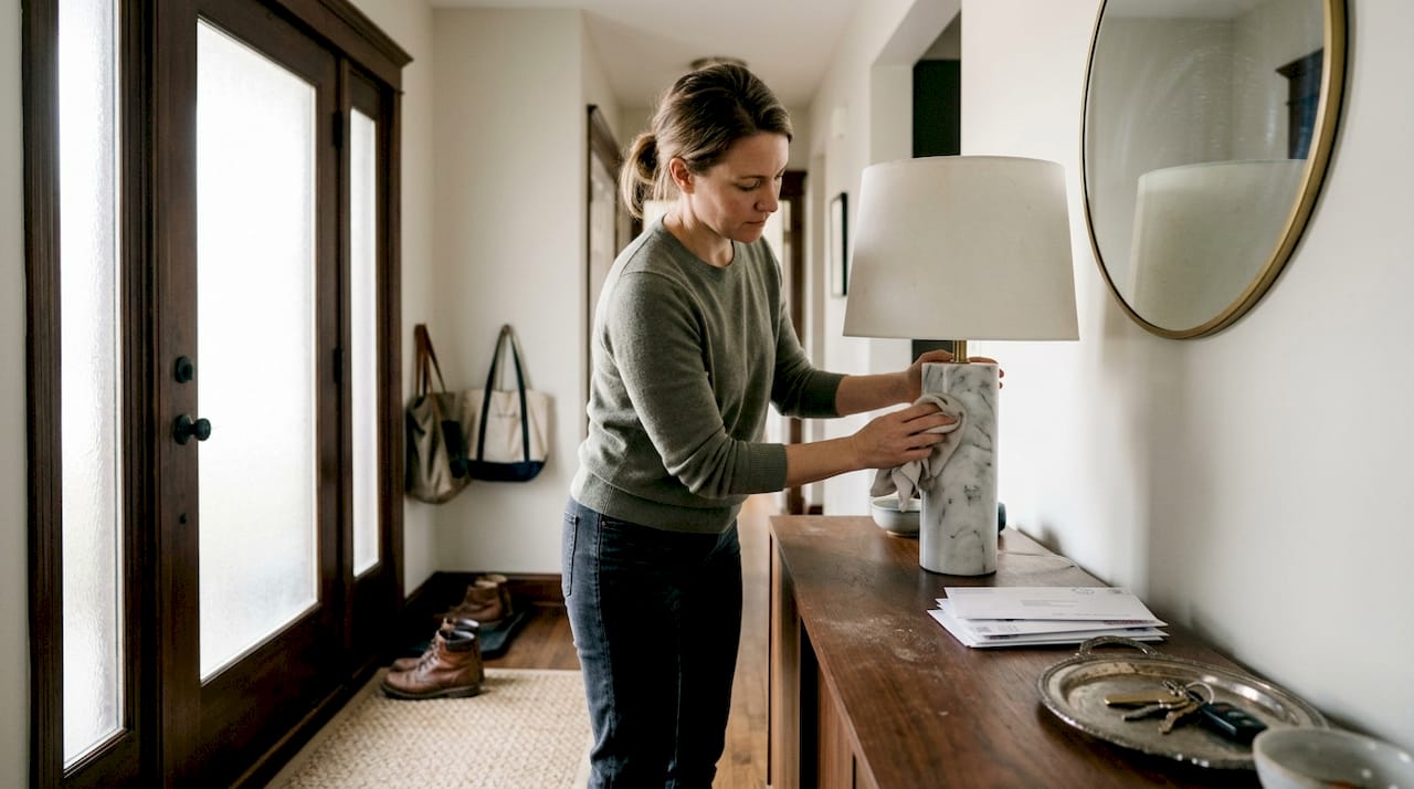 Cleaning marble lamp on console table