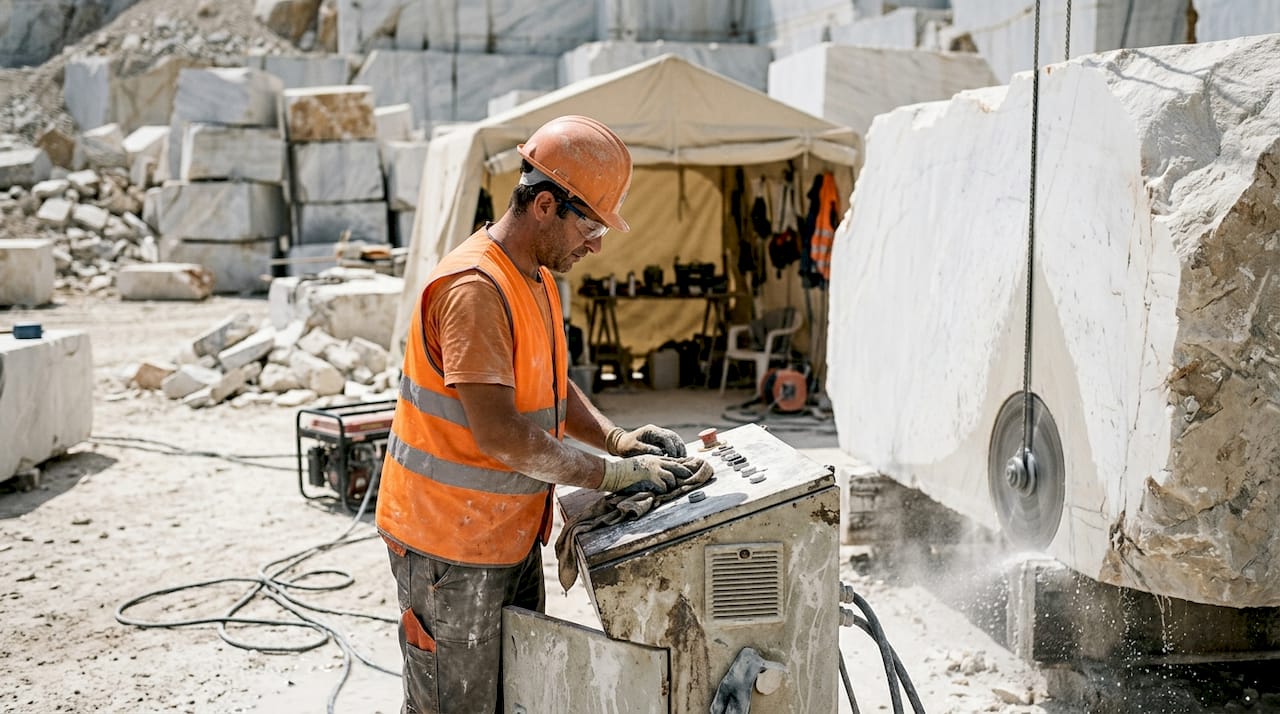 Technician operating diamond wire saw in marble quarry