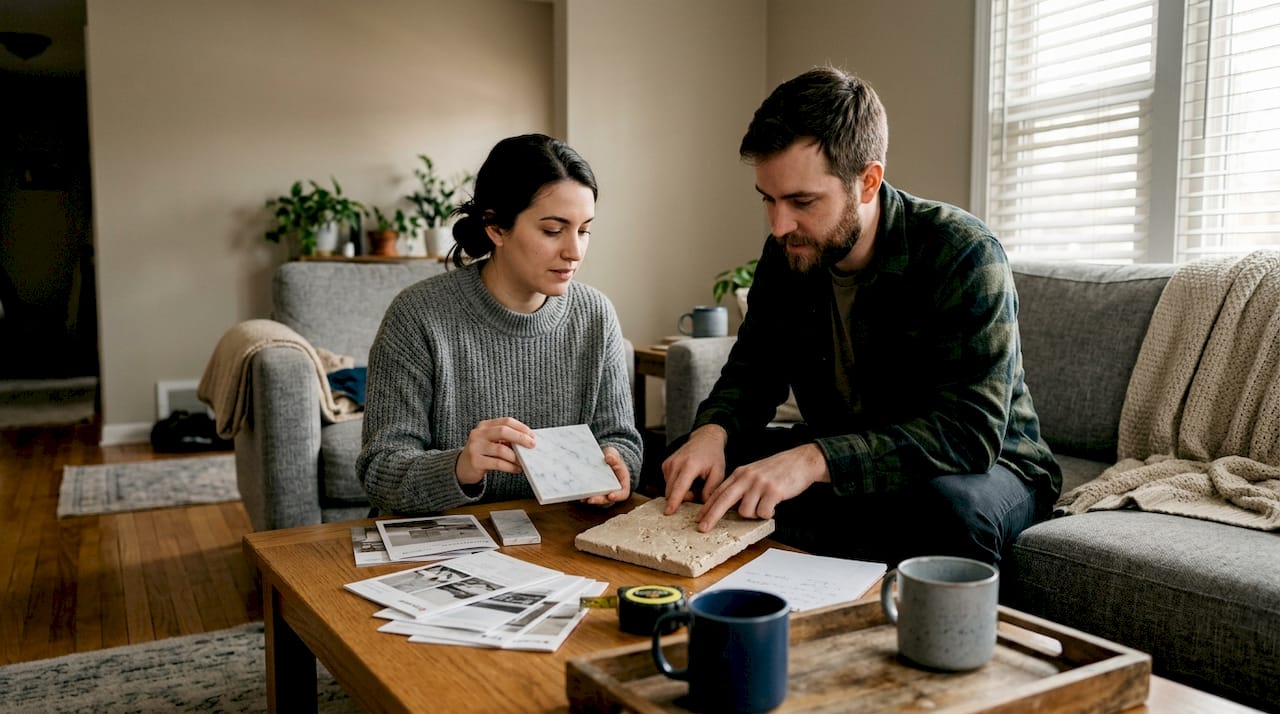 Couple comparing marble and travertine samples