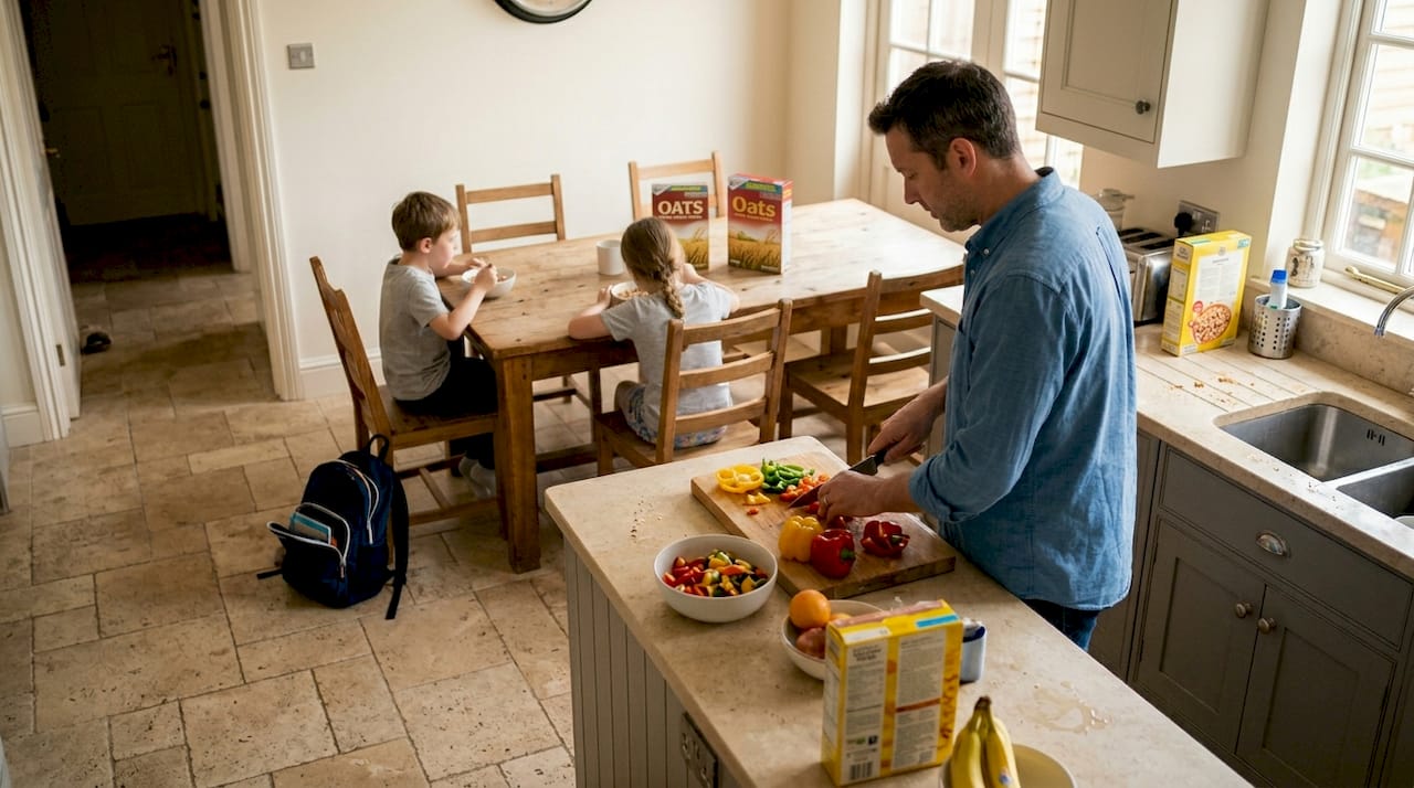 Travertine floor in busy kitchen scene