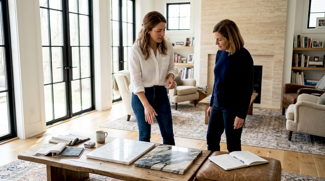 Designer und Kunde begutachten Marmorakzente im Wohnzimmer