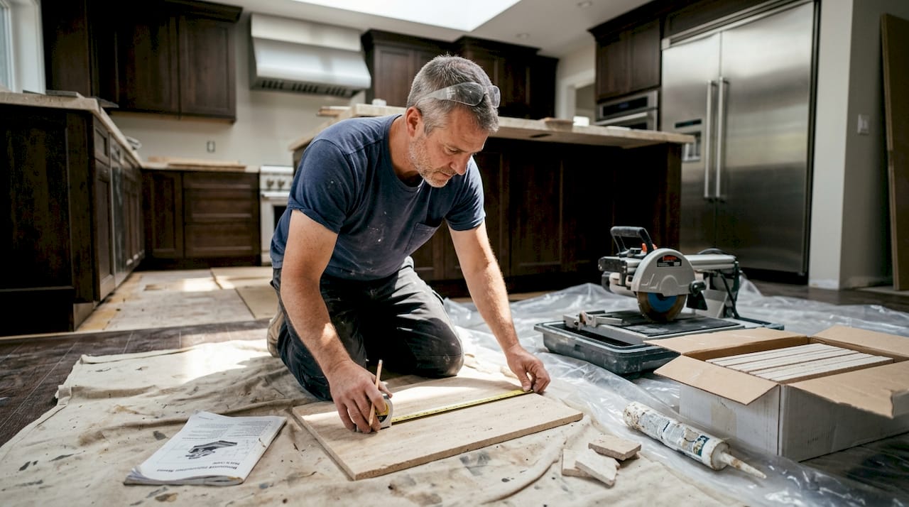 Contractor prepping travertine tile with tools