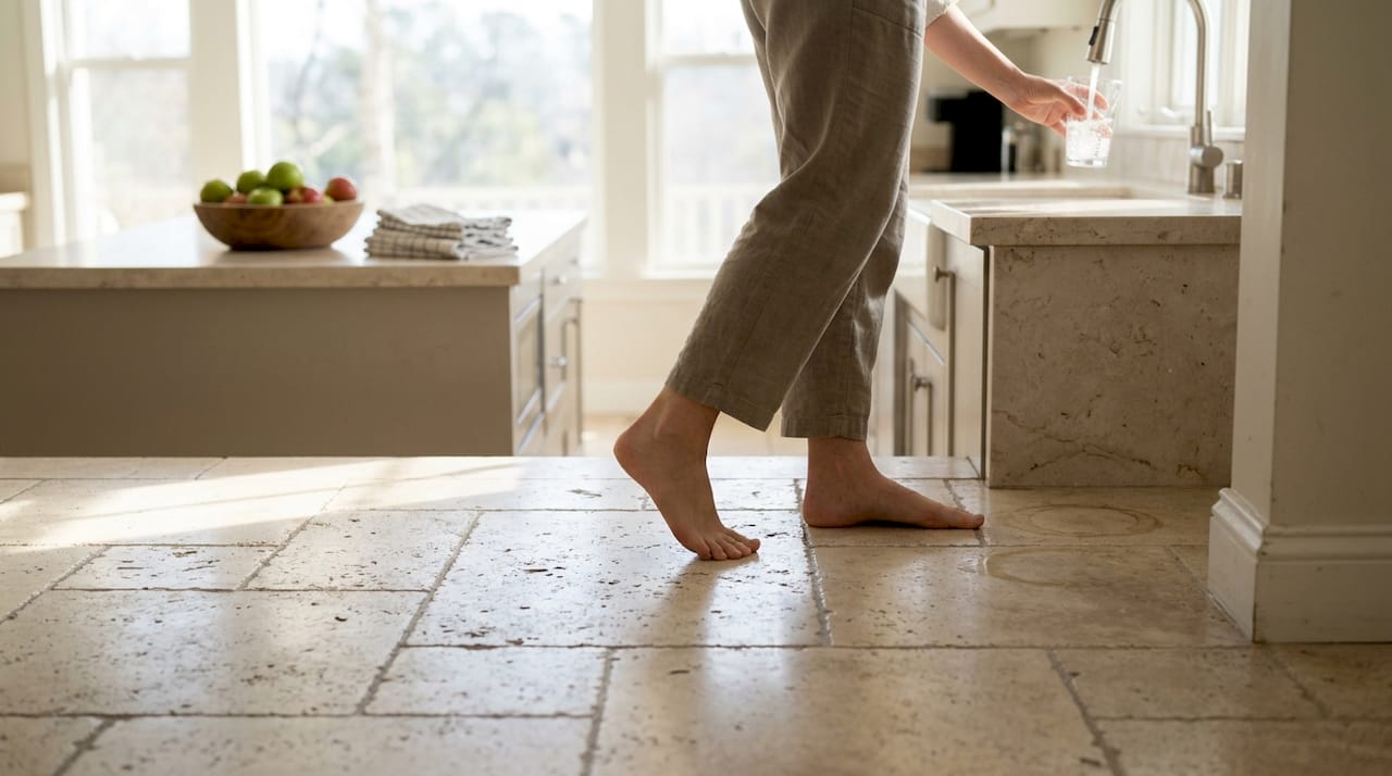 Barefoot comfort on travertine kitchen floor