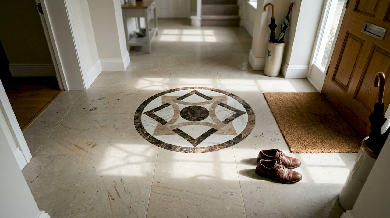 Luxury marble inlay showcased in entry hallway