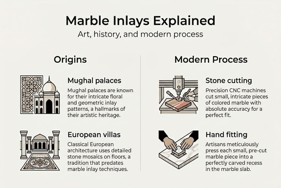 Infographic history and process of marble inlays