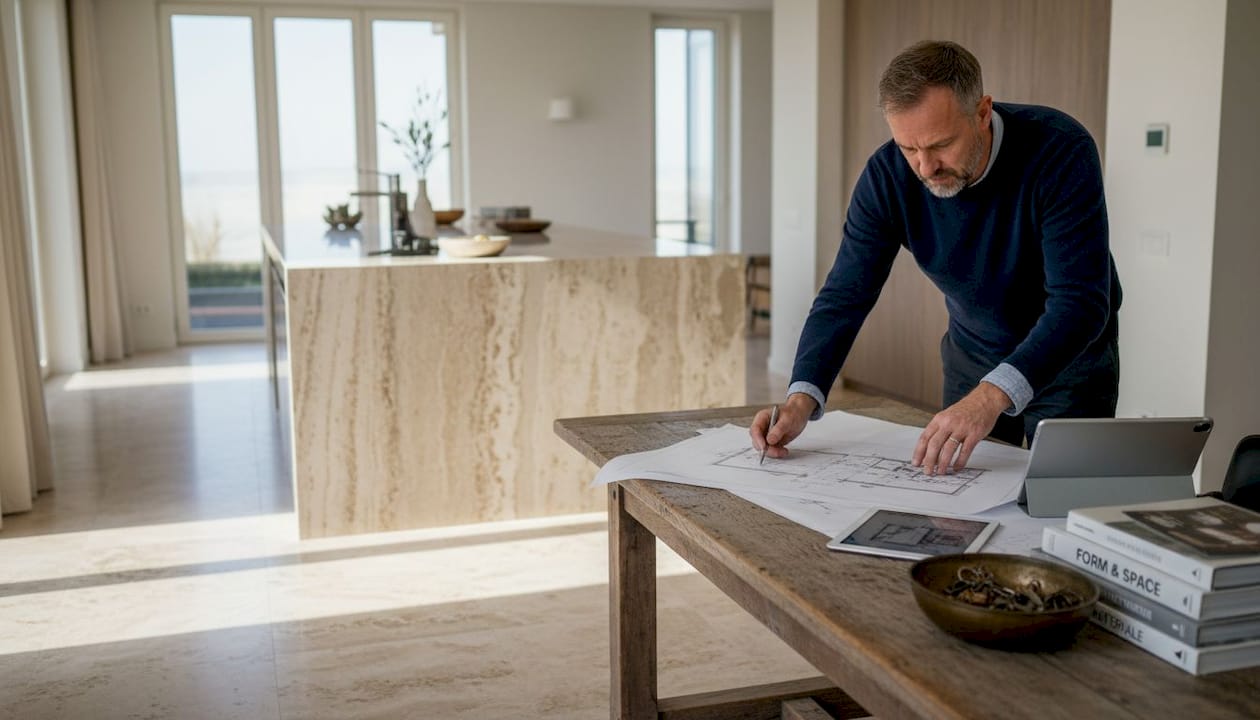 Architect studying patinaed travertine surfaces