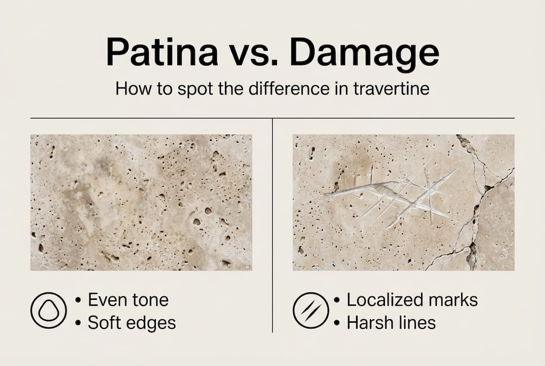 Infographic patina versus damage in travertine