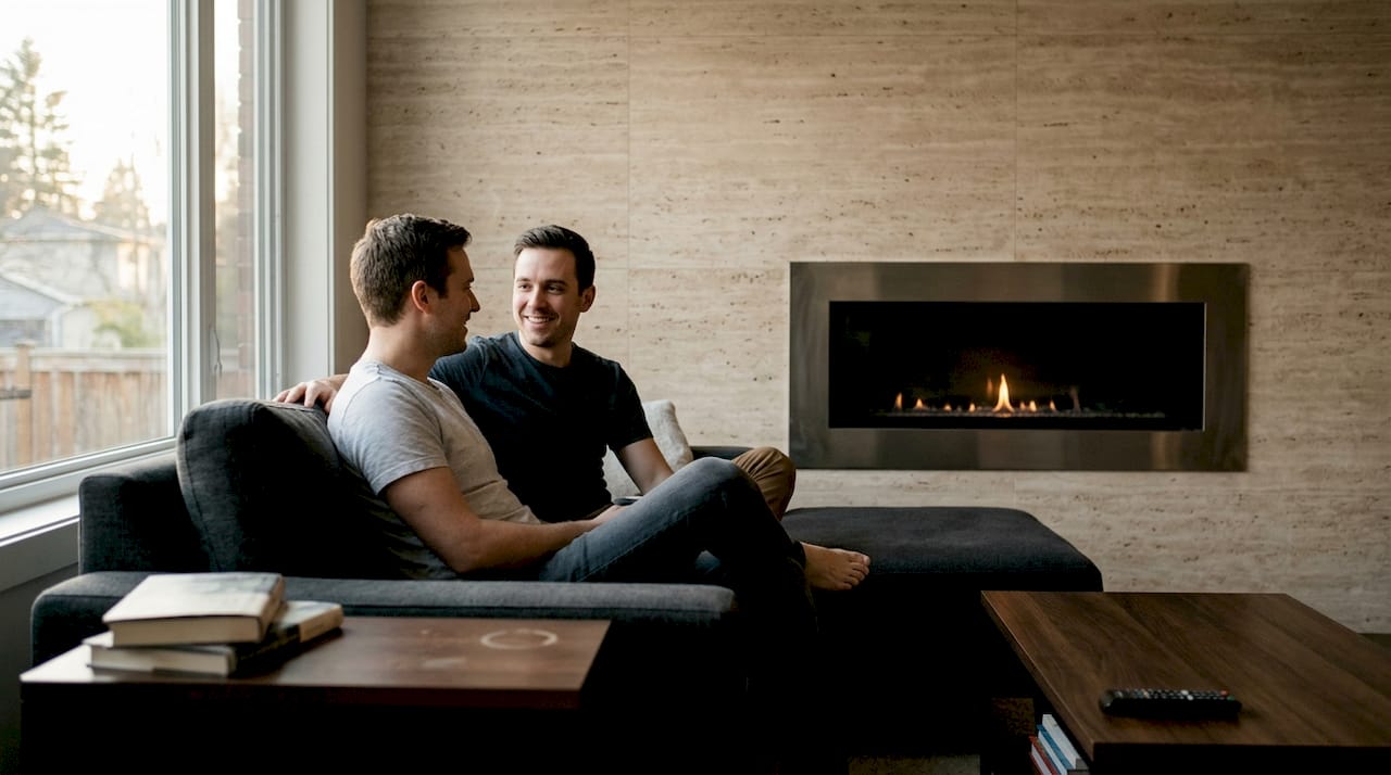 Couple relaxing by travertine accent fireplace