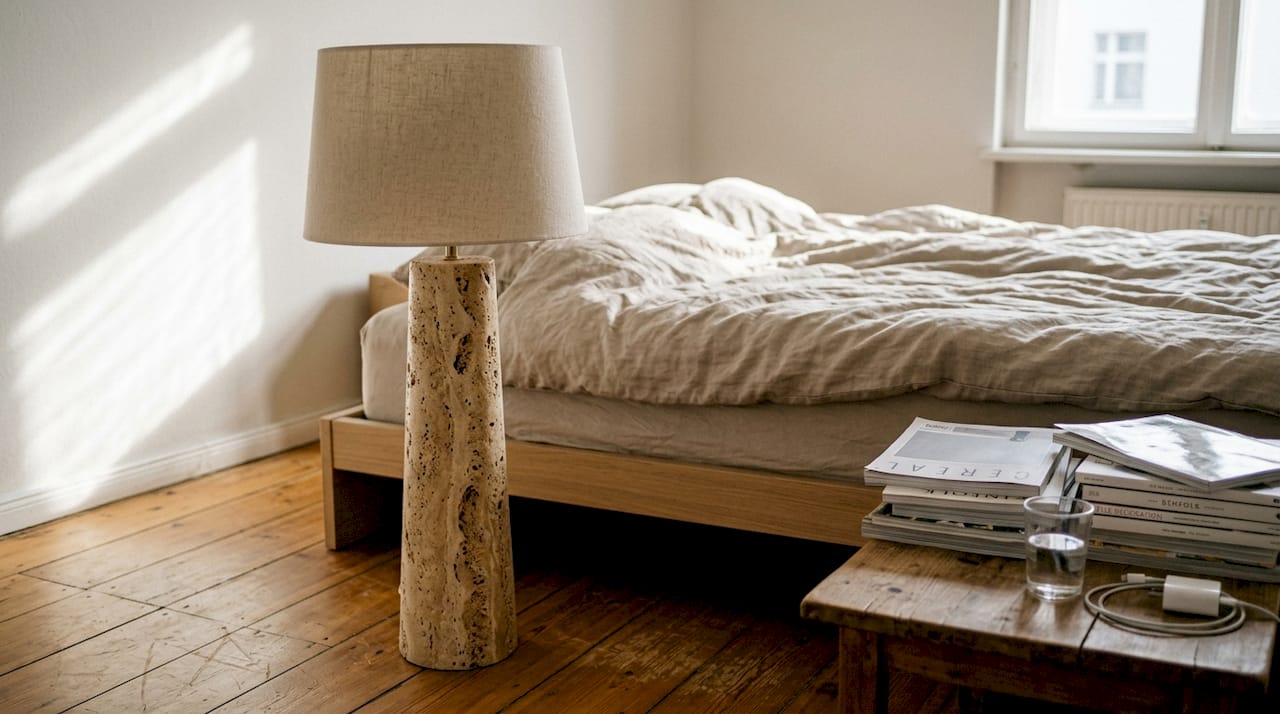 Travertine floor lamp in Nordic style bedroom