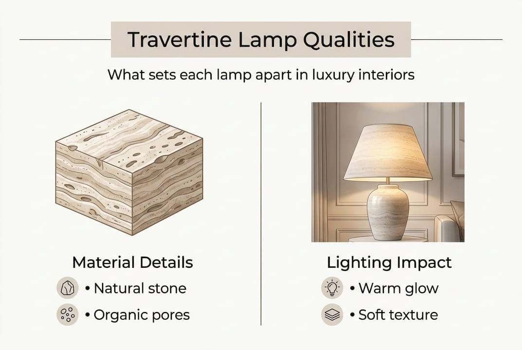 Infographic outlining travertine lamp features