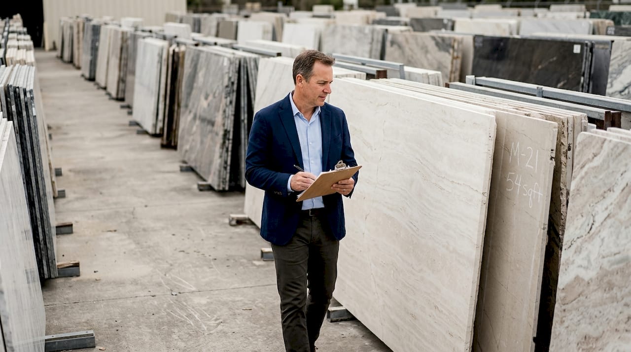 Designer inspiziert Platten im Steinbruch