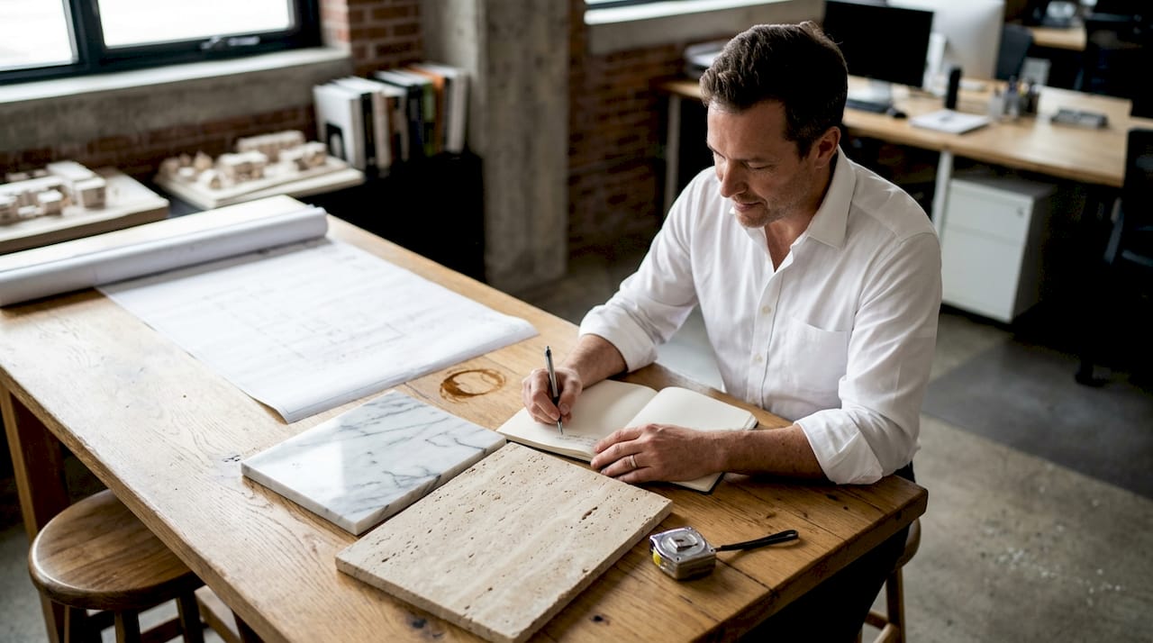 Designer vergleicht Marmor- und Travertinproben