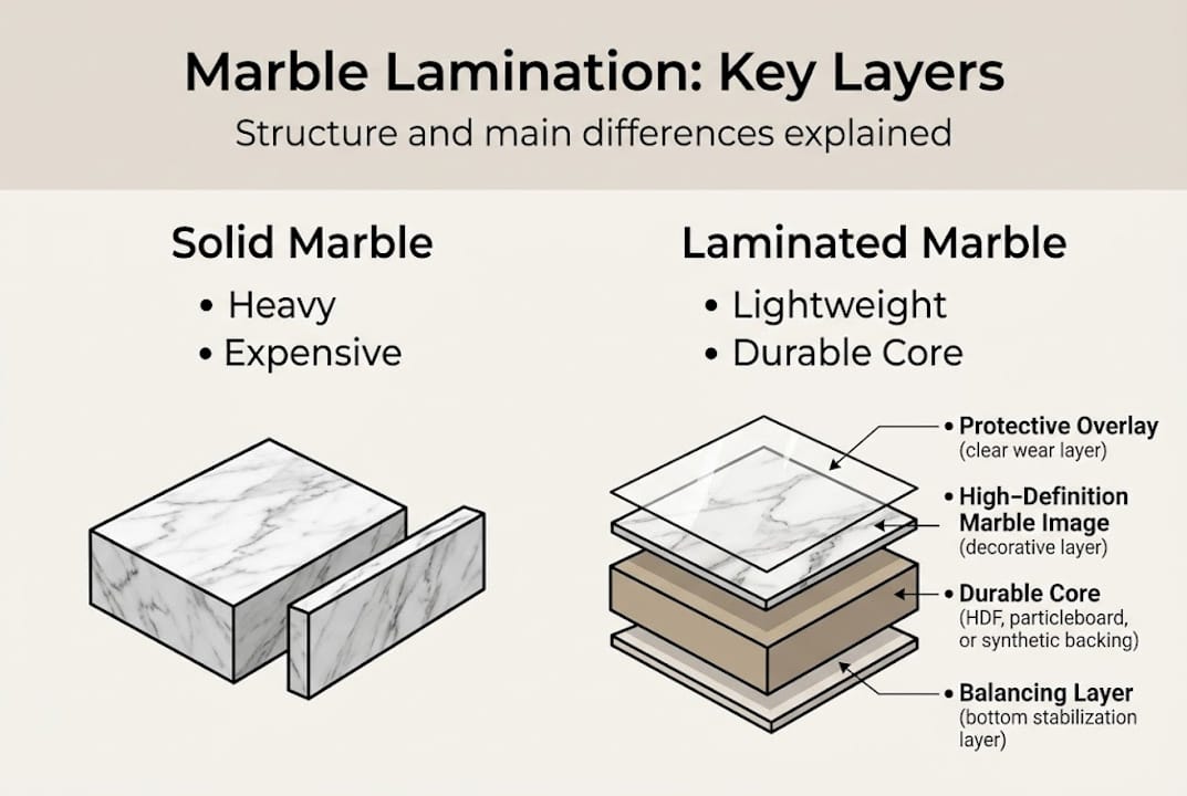 Infografik, die den Vergleich von Marmor- und Laminatschichten zeigt