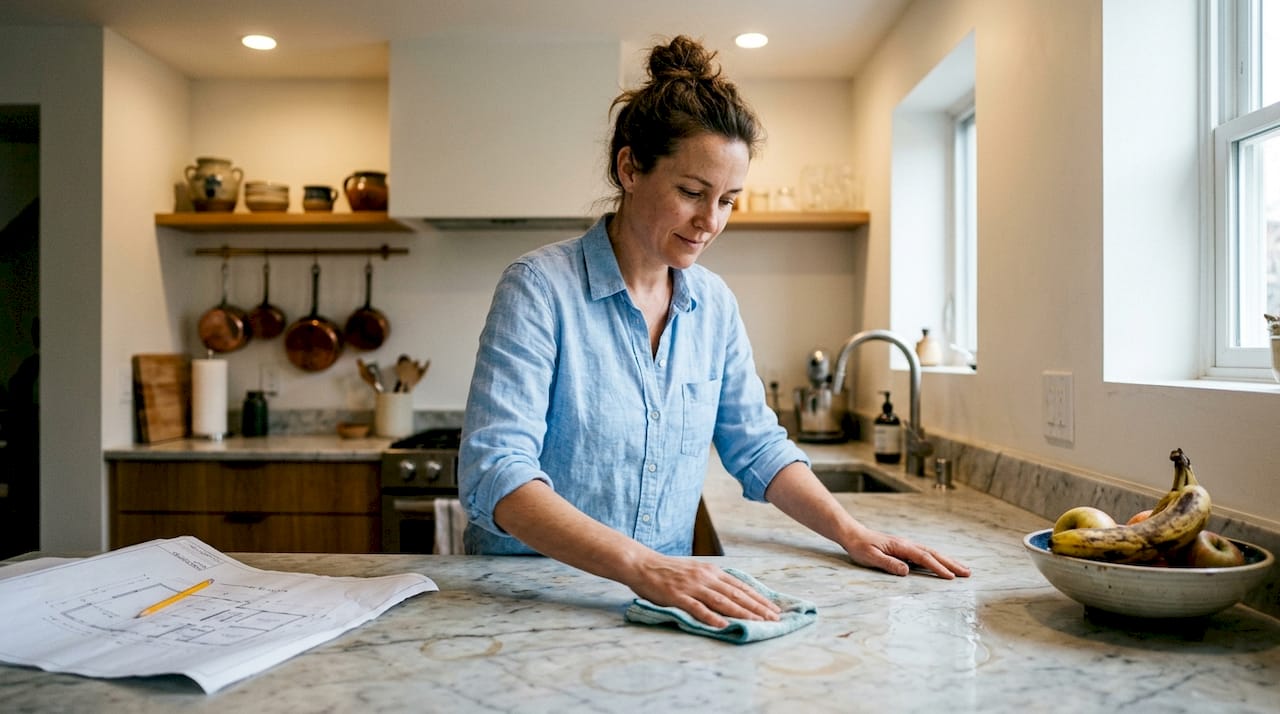Designer cleaning marble kitchen countertop