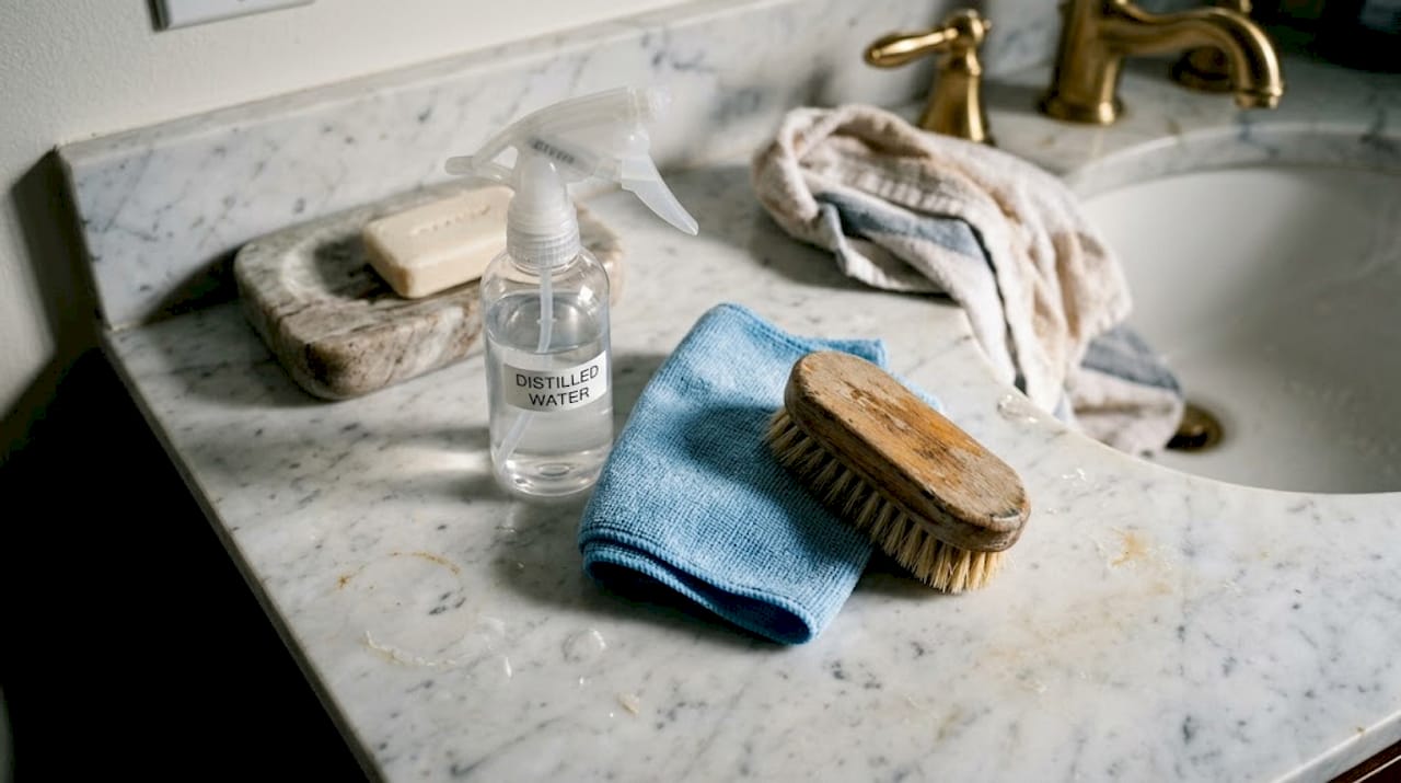 Alltägliche Marmorpflegeprodukte auf dem Badezimmerwaschtisch