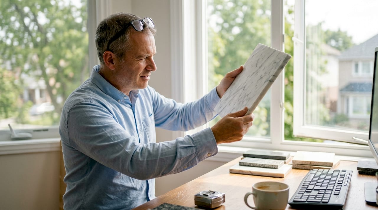 Architekt inspiziert Marmorprobe im Sonnenlicht