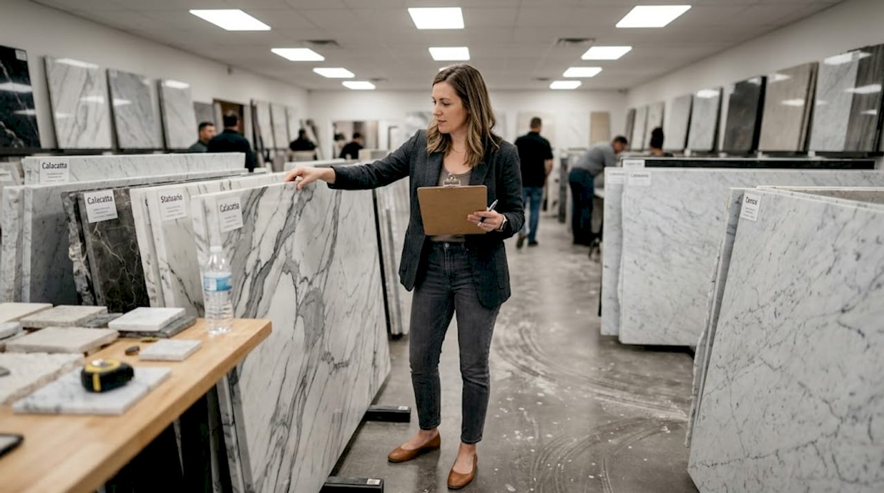 Designer selecting veined marble slabs