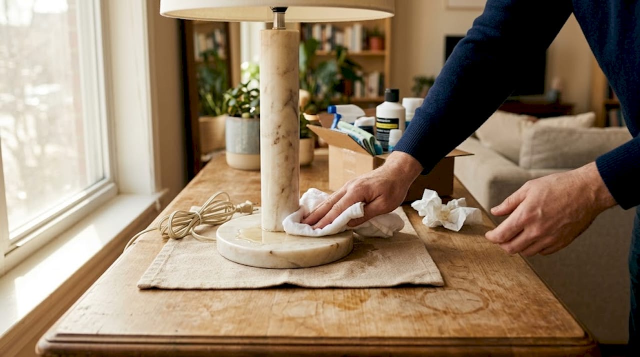Hands blotting spill under marble lamp