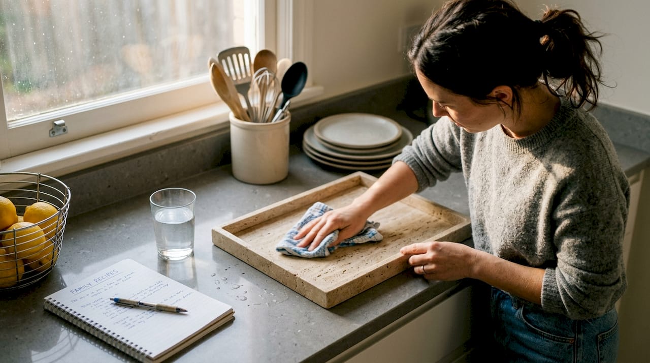 Wiping down travertine tray in kitchen
