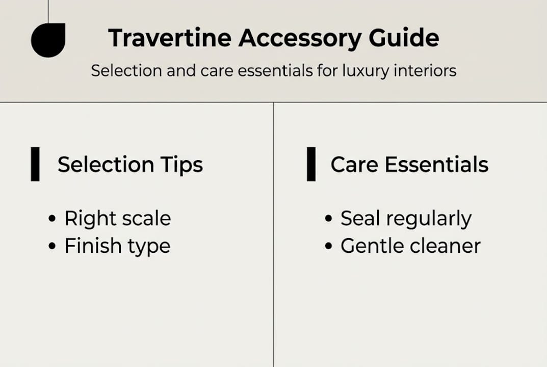 Travertine accessories selection and care tips infographic