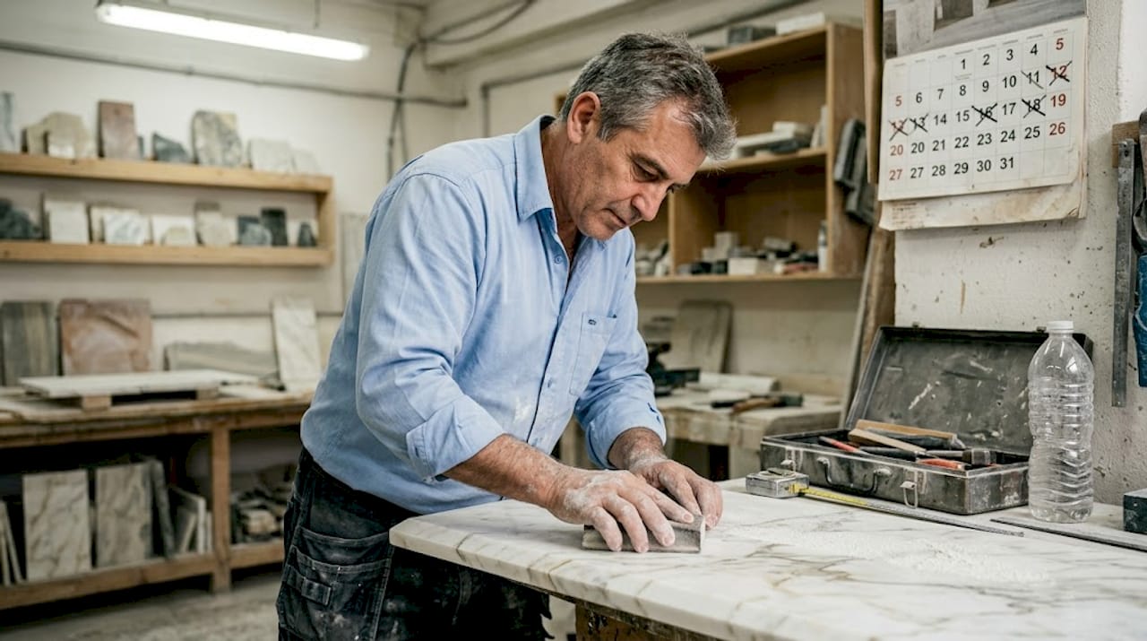 Craftsman finishing marble table edge