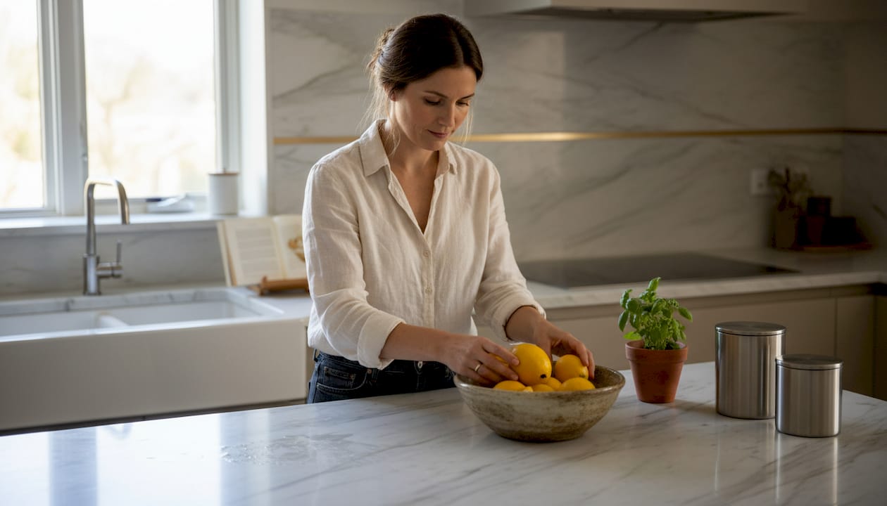 Woman arranging fruit on marble kitchen island