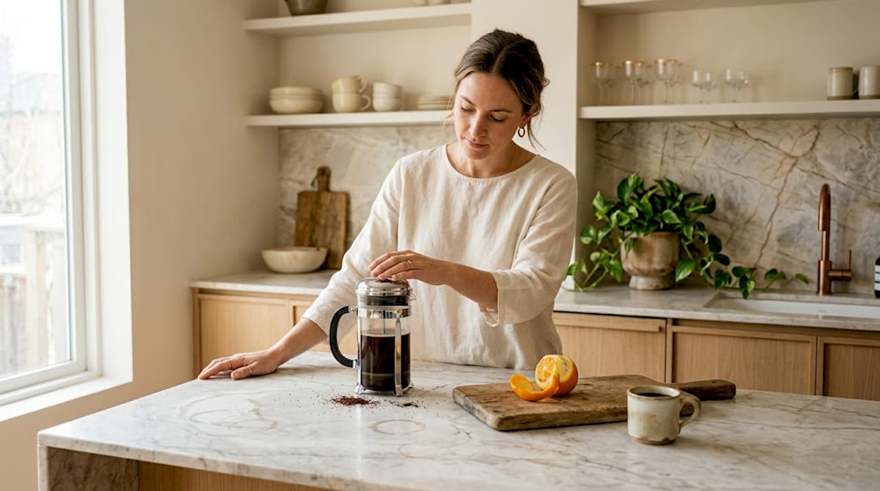 Coffee making on marble kitchen countertop