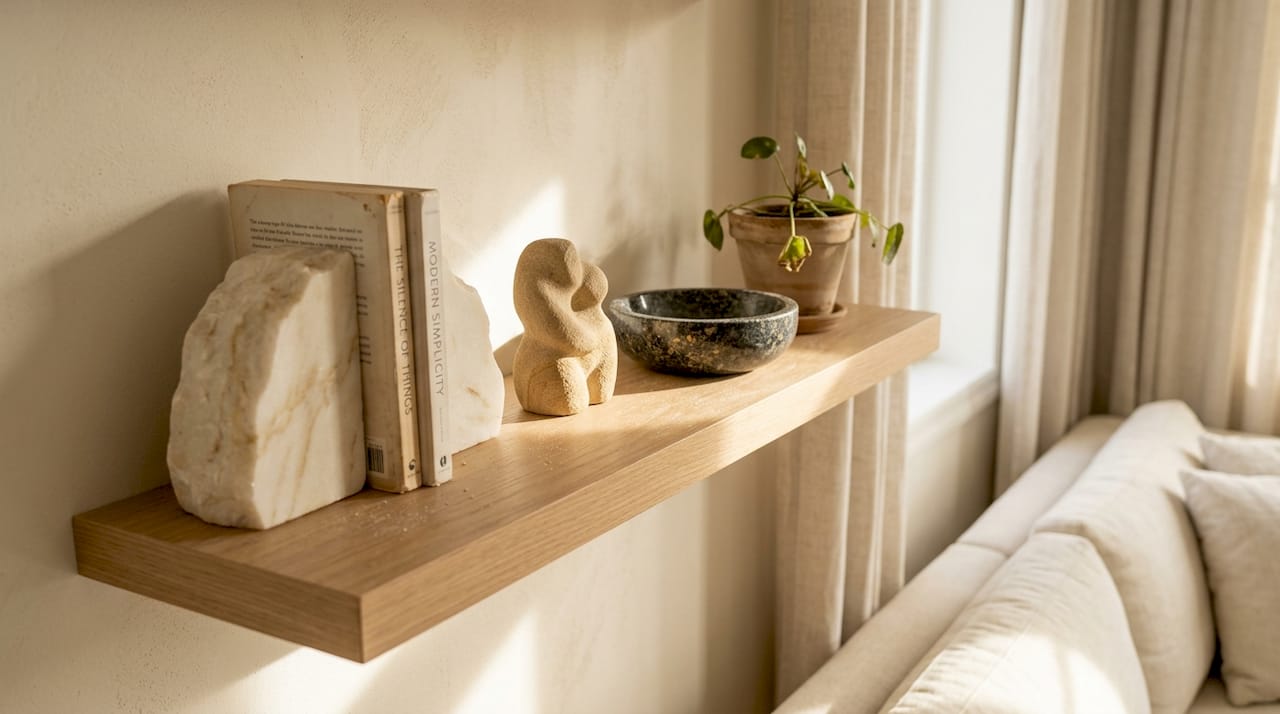 Natuurstenen decoratie op boekenplank in huis