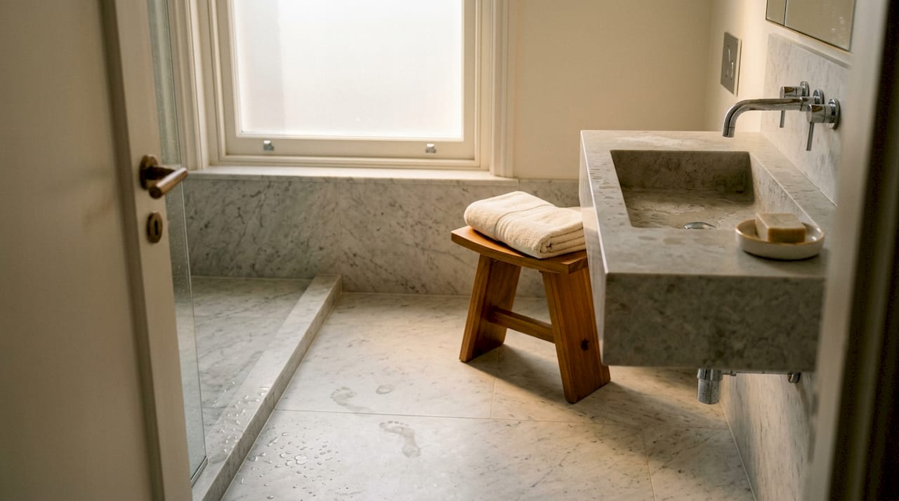 Honed marble bathroom floor with soft lighting