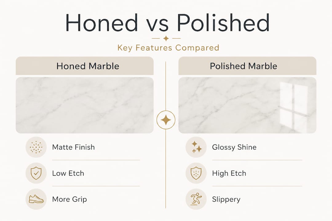 Infographic comparing honed and polished marble features