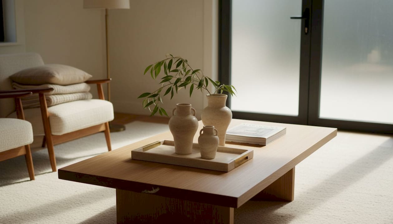 Travertine decor paired with wood, brass