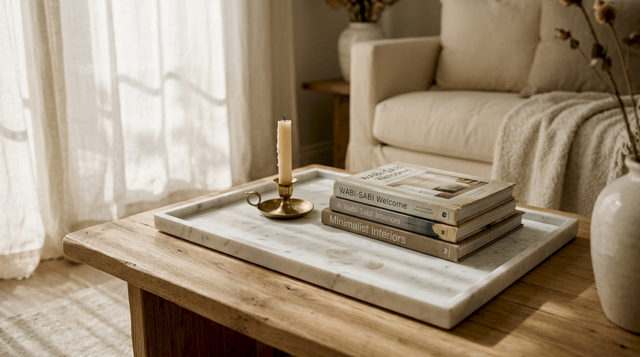 Carrara marble tray on wood coffee table