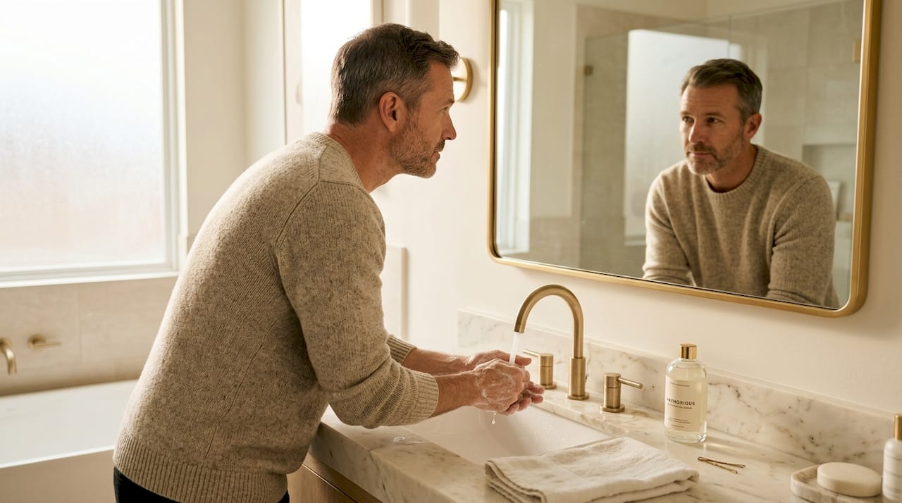 Man using luxury marble bathroom vanity