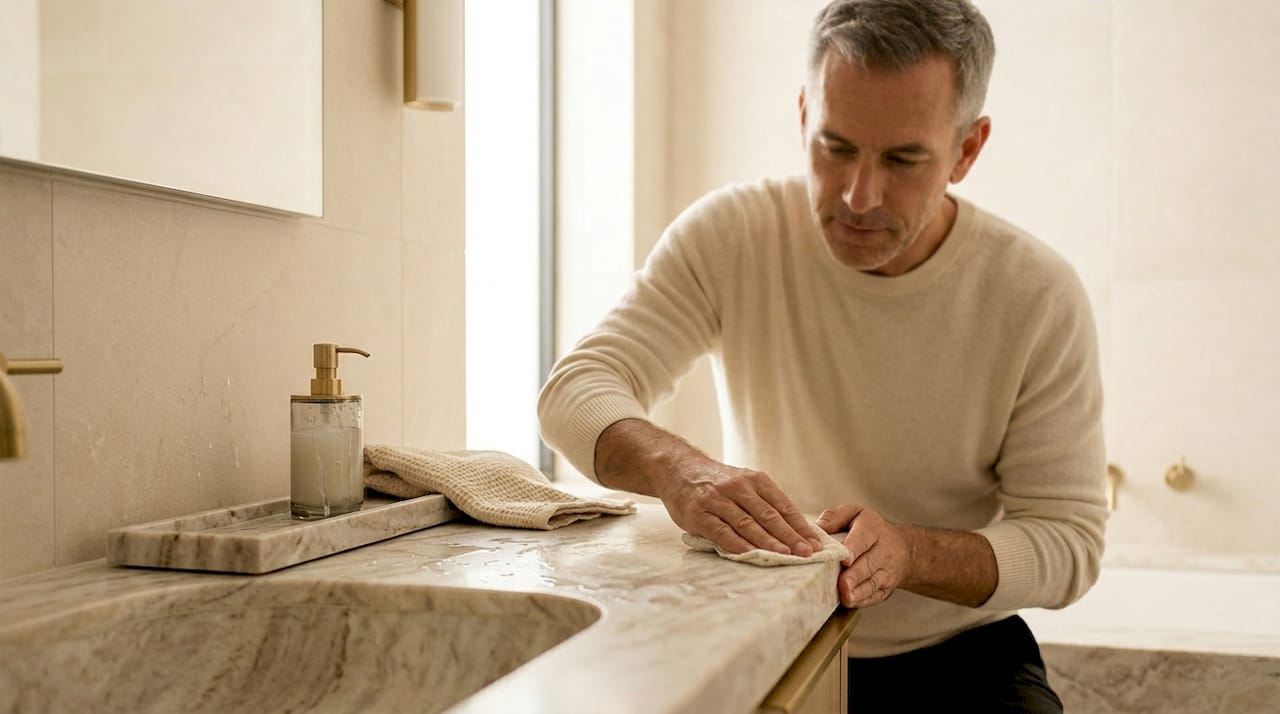 Man caring for marble integrated bathroom sink
