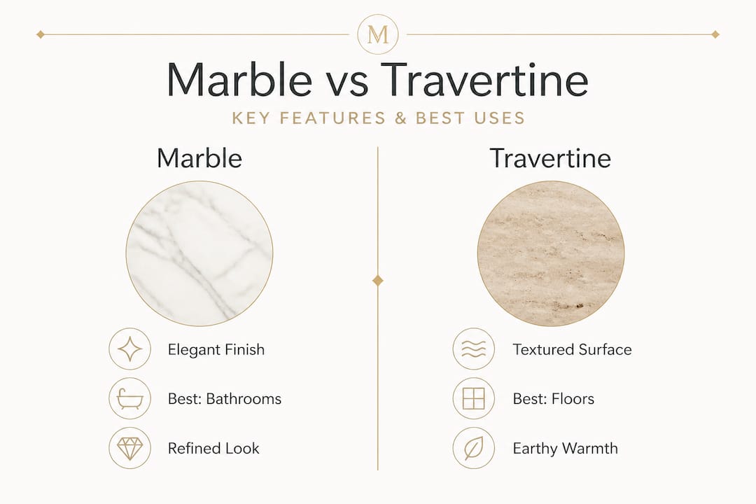 Infographic comparing marble and travertine applications