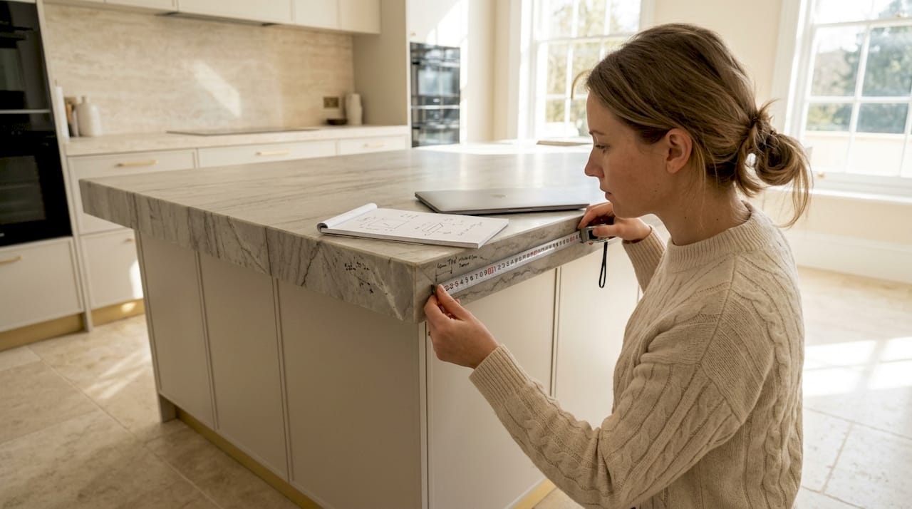 Designer measuring sculptural stone countertop edges