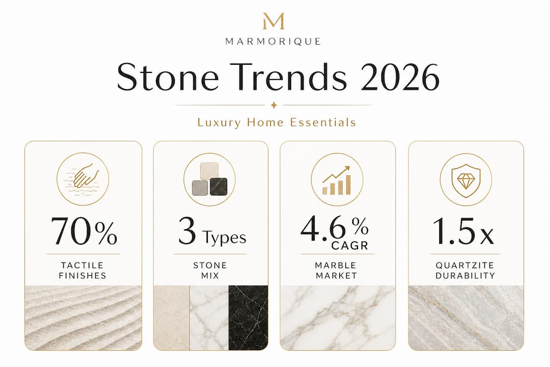 Infographic showing 2026 luxury stone decor trends