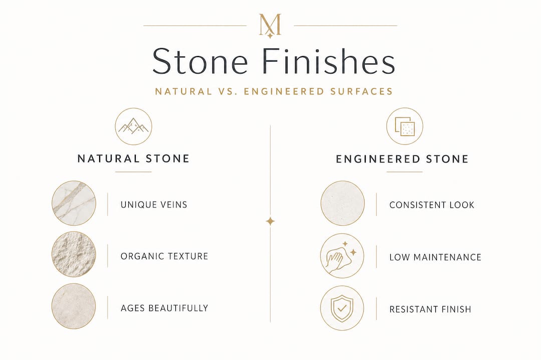 Infographic comparing natural and engineered stone finishes