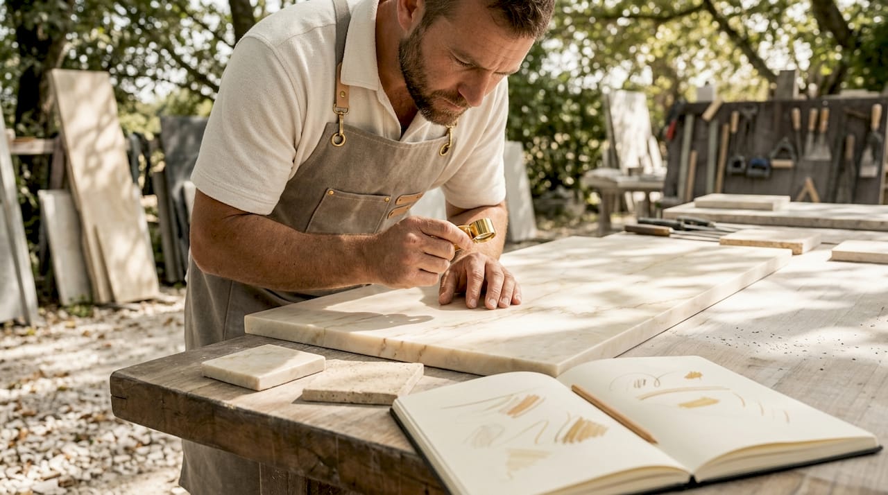 Fabricator inspecting marble stone slab closely