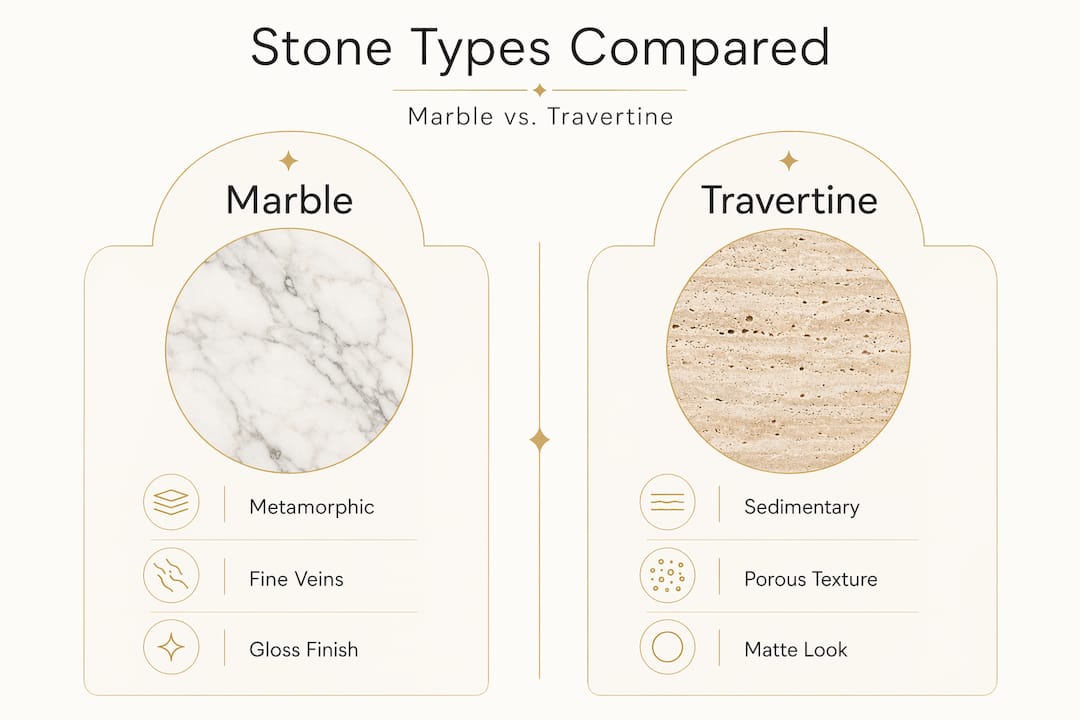 Infographic comparing marble and travertine basics