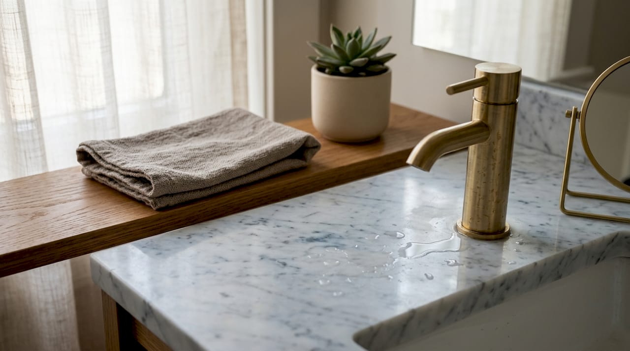 Carrara marble bathroom vanity surface details