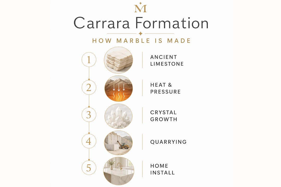 Infographic showing Carrara marble formation steps