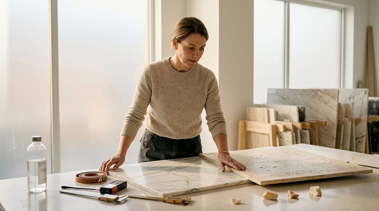 Professional comparing marble and travertine slabs